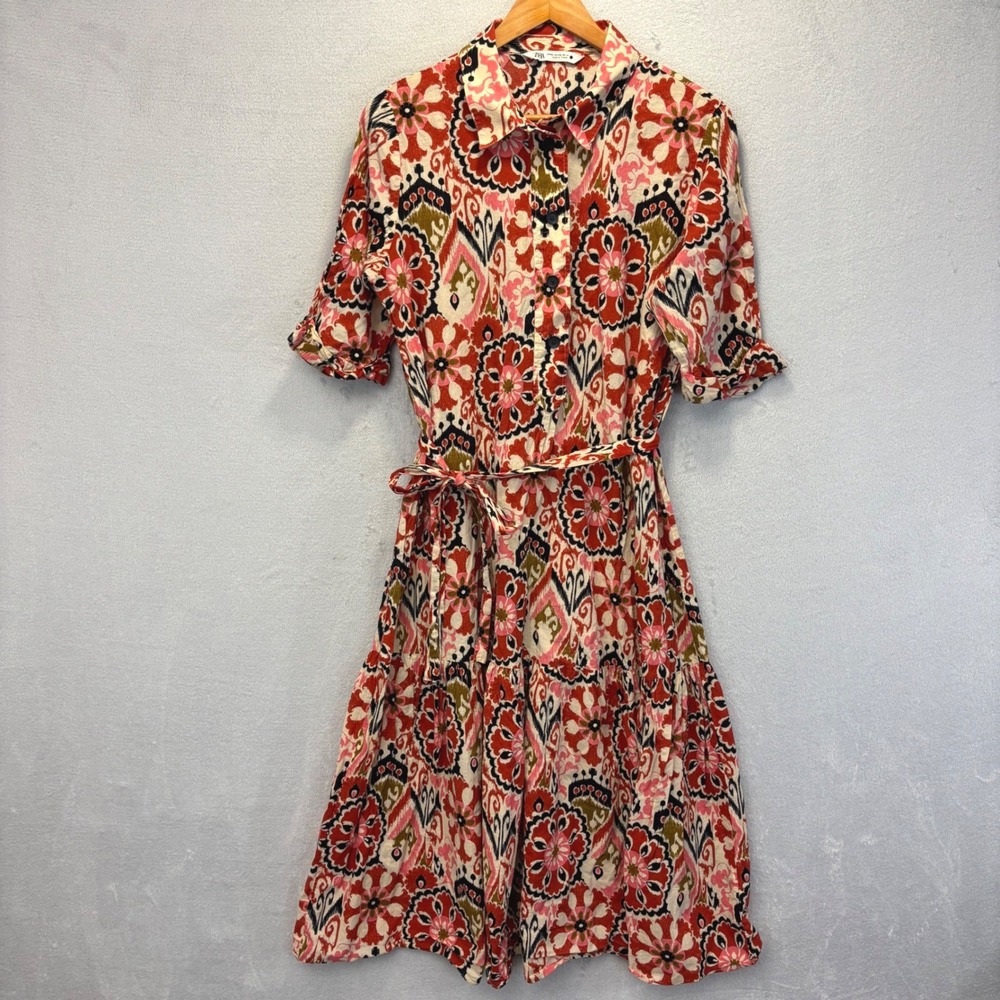 Zara Midi Belted Shirt Dress Women XXL Red Ikat Floral Cotton Short Sleeve 2XL